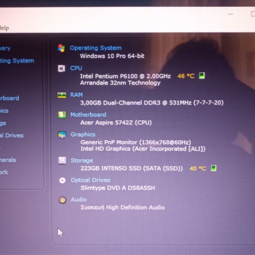 Acer laptop used, no battery, charger works, speaker issues, SSD