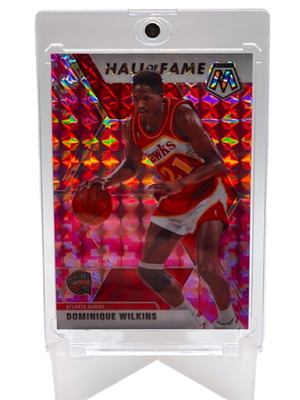 2019-20 Panini Hall Of Fame Dominique Wilkins Pink Camo Mosaic collectible card in acrylic case
