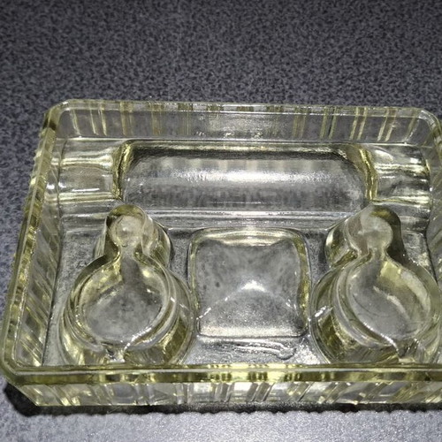 Glass double inkwell desk stand Art Deco vintage used