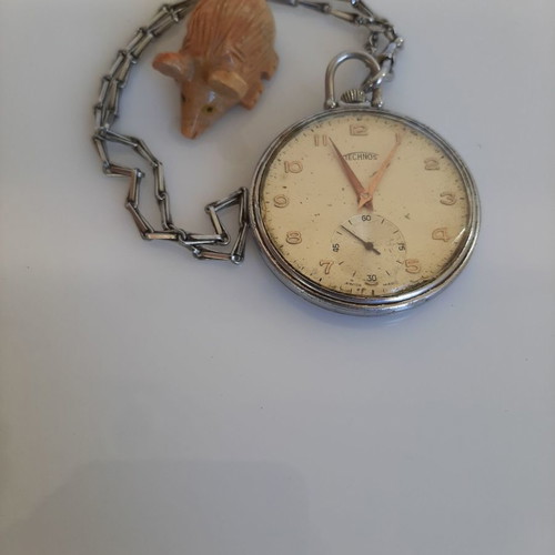 Pocket Watch Technos used, with silver chain, 1947, Swiss Made