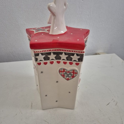 Christmas ceramic container with lid decorated with Santa Claus and trees