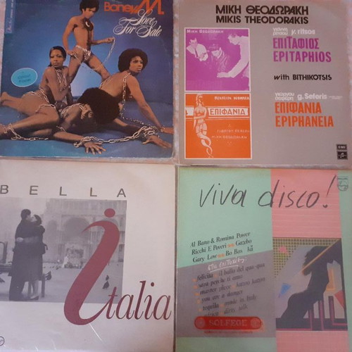 Music vinyls used, Boney M, Mikis Theodorakis, Viva Disco, Bella Italia double album