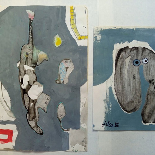 Lot of 2 small paper drawings acrylic pencil