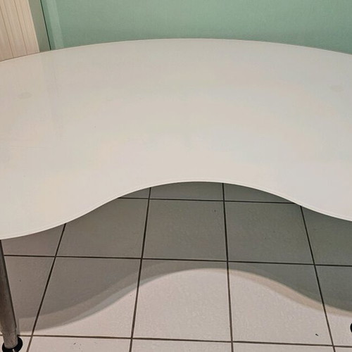IKEA Galant desk used with glass bean-shaped curved surface