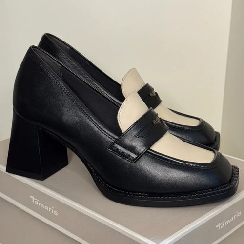 Tamaris loafer heels new, two-tone, genuine leather, 7cm heel