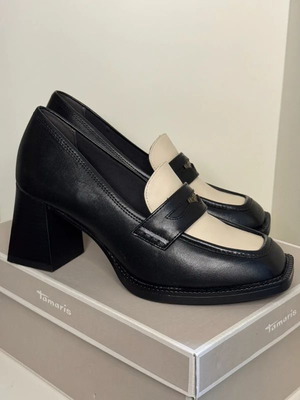 Tamaris loafer heels new, two-tone, genuine leather, 7cm heel