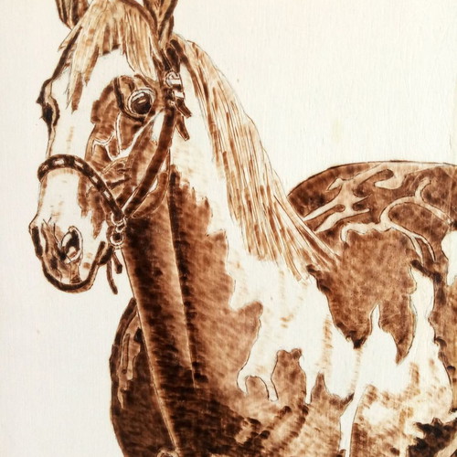 Horse pyrography painting new, linden wood by Triantafyllos Xanthopoulos