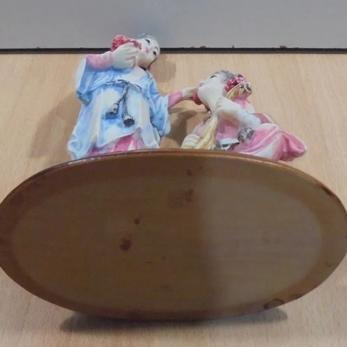 Chinese mother with daughter old small porcelain decorative statue on wooden base used
