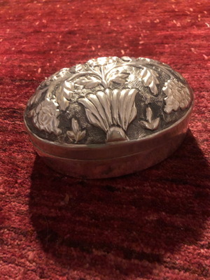 Silver-plated vintage jewelry box with embossed floral design used