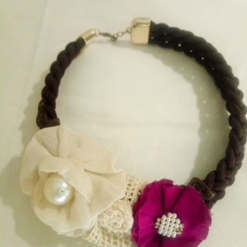 Handcrafted Boho Chic Statement Necklace with Fabric Flowers and Pearls