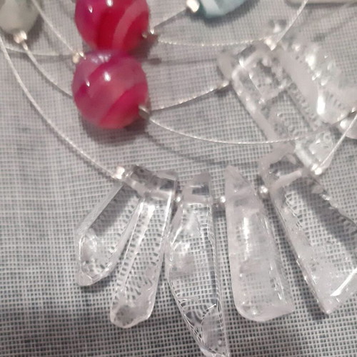 Kristine long necklace with natural pink and white stones, silver 925