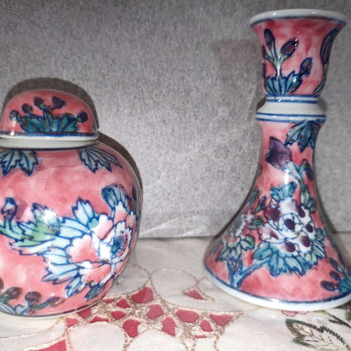 Vintage Chinese Famille Rose porcelain set with ginger jar and candlestick, like new