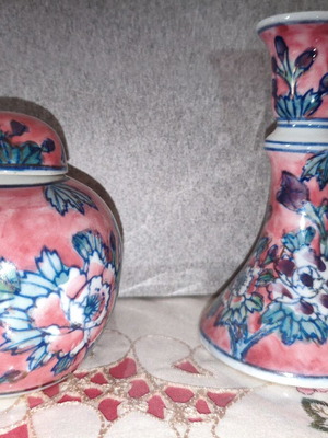 Vintage Chinese Famille Rose porcelain set with ginger jar and candlestick, like new