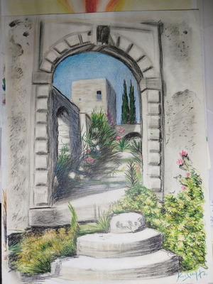 Monastery watercolor pencil drawing new, painting on paper 30x40 cm