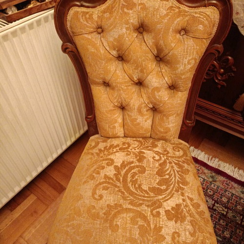 Walnut chairs with rose design like new, handmade set of two