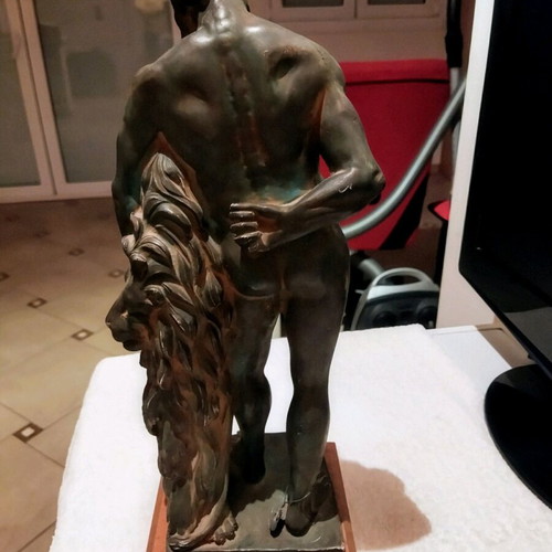 Heracles alabaster statue with green patina oxidation effect