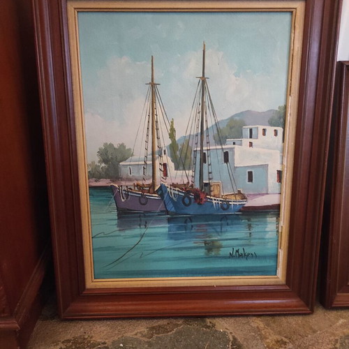 Traditional Seascape Oil Painting with Boats by N. Makris like new