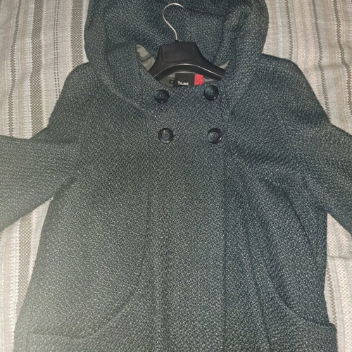 Toi&Moi short coat used, blue bouclé with hood and bell sleeves