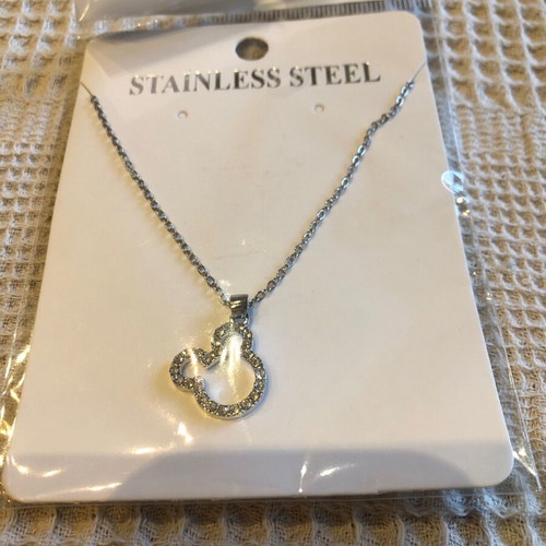 Minnie necklace with rhinestones stainless steel new, silver