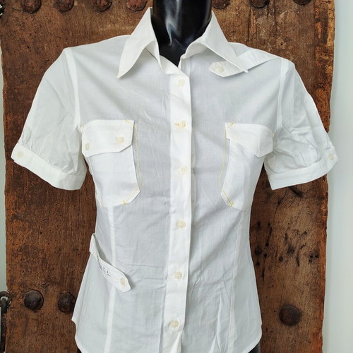 White short sleeve utility shirt with contrast stitching and waist strap