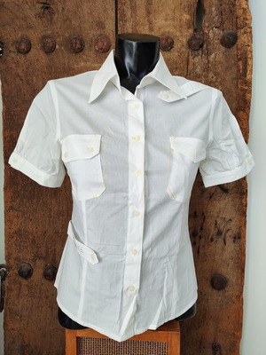 White short sleeve utility shirt with contrast stitching and waist strap