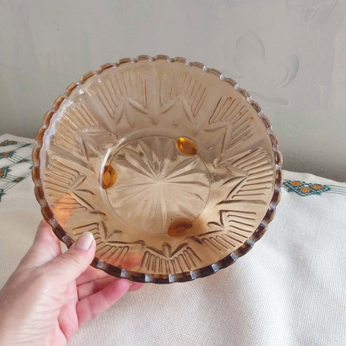 Vintage Bulgarian amber glass fruit bowl 1970s