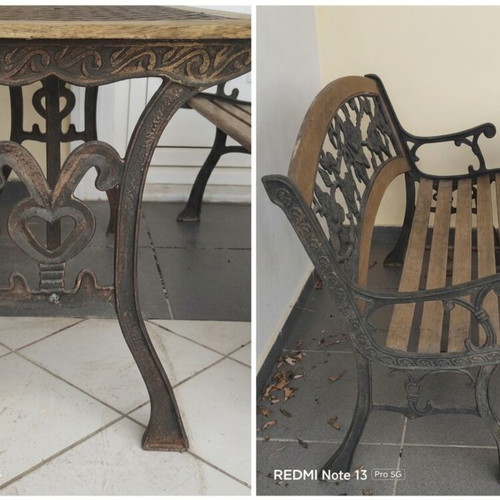 Vintage garden set: table and 2 benches, cast iron and wood