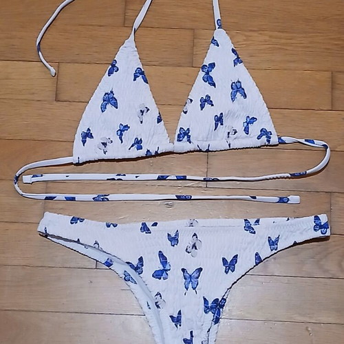 White Gofre Bikini with Blue Butterfly Design Size Medium like new
