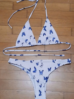 White Gofre Bikini with Blue Butterfly Design Size Medium like new
