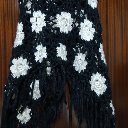 Hand Crochet Poncho with Fringes and White Flowers, Shu Shu