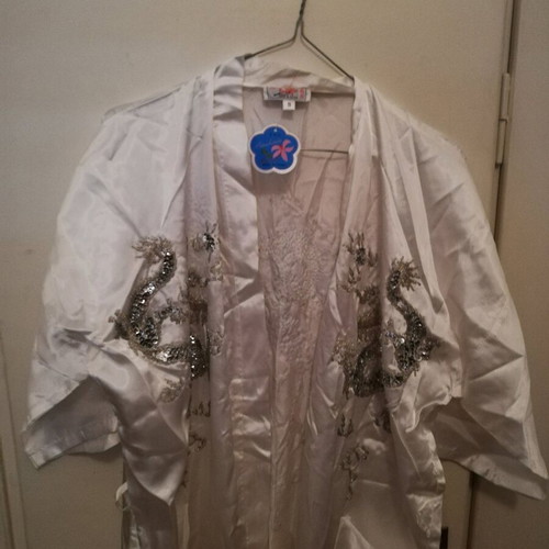 Satin kimono robe new small with sequins white and gray