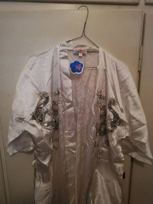 Satin kimono robe new small with sequins white and gray