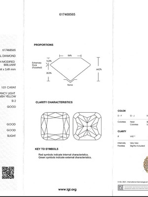 Natural Fancy Yellow 1.01ct Cushion Diamond SI2 Certified IGI