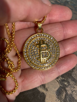 Bitcoin necklace new with gold color and crystal pendant