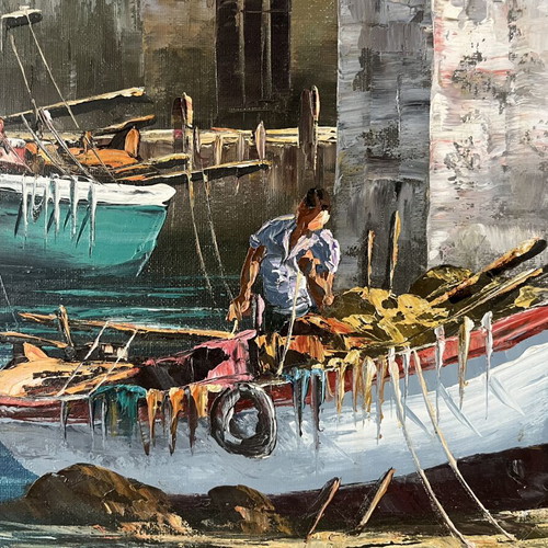 Large oil painting with palette knife, Greek seaside landscape by Dimas