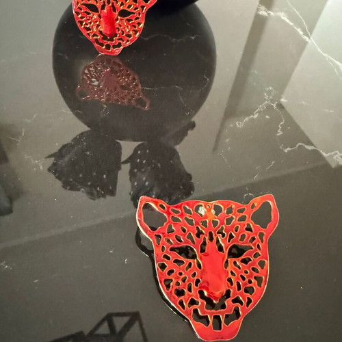 Silver leopard earrings with red enamel by Katerina Gazepis like new