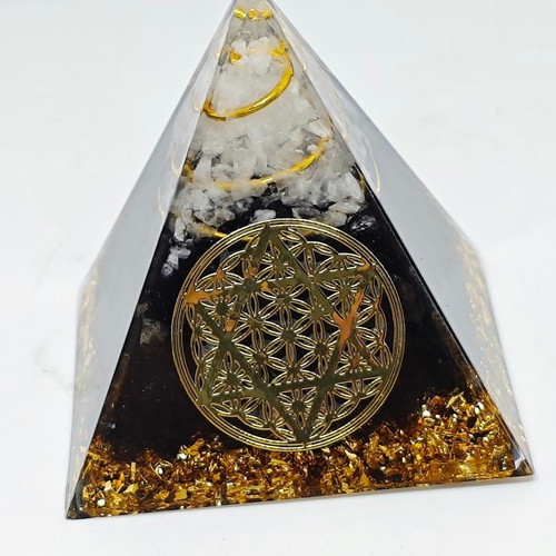 Orgonite pyramid with black tourmaline, quartz and Flower of Life symbol like new
