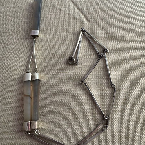 Silver pendant with precious stones in gray ciel, 60 cm like new
