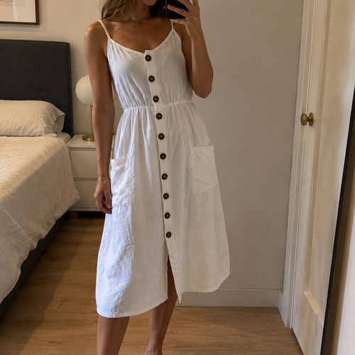 white midi dress with 50s vibe 65% cotton with buttons