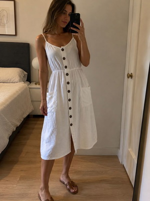 white midi dress with 50s vibe 65% cotton with buttons