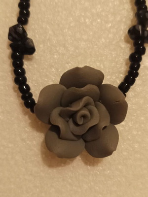 Handmade necklace new with pearls and rose pendant black and gray
