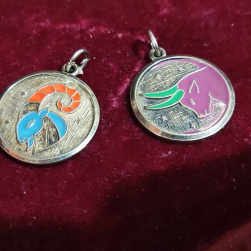 Zodiac Aries and Taurus enamel necklace set like new
