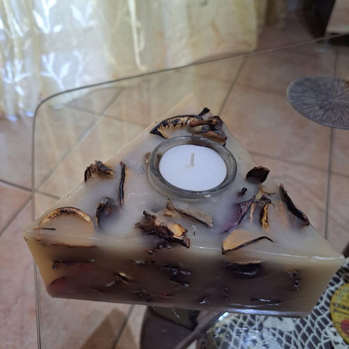 Triangle Candle with Glass Holder and Dried Leaves, Like New