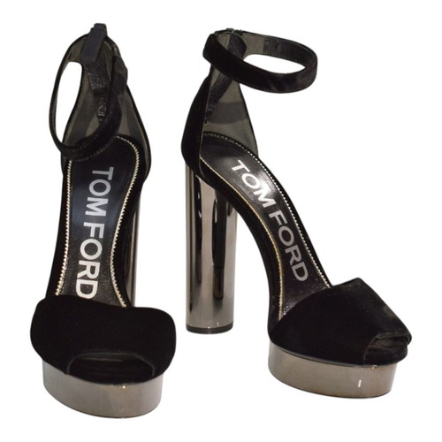 Tom Ford black velvet gunmetal platform sandals EU 37