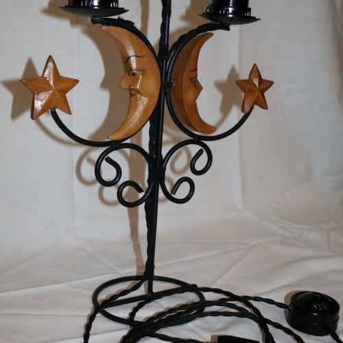 Vintage lamp with 3 Edison bulbs and carved moon designs