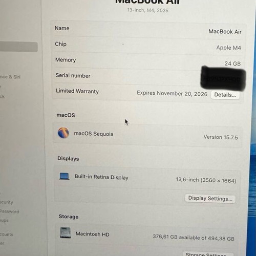 MacBook Air M4 like new, 24GB RAM, 512GB SSD