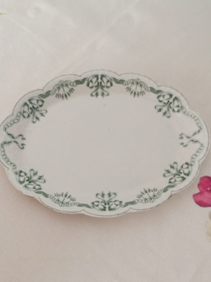 Porcelain serving platter used, vintage green oval