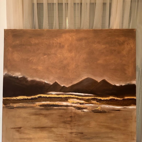 Painting on canvas used, oil paint, 100x100 cm, dark brown and gold