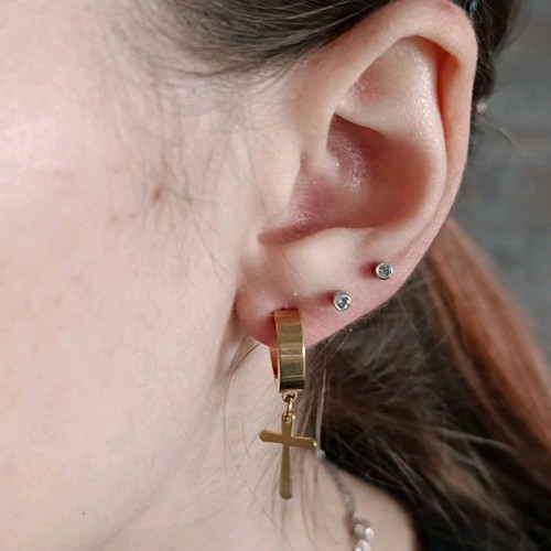 Unisex gold-tone stainless steel small hoop earrings with cross