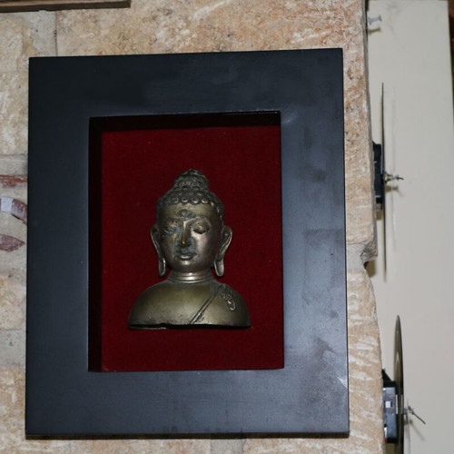 Bronze Buddha Bust in Wooden Black Frame new